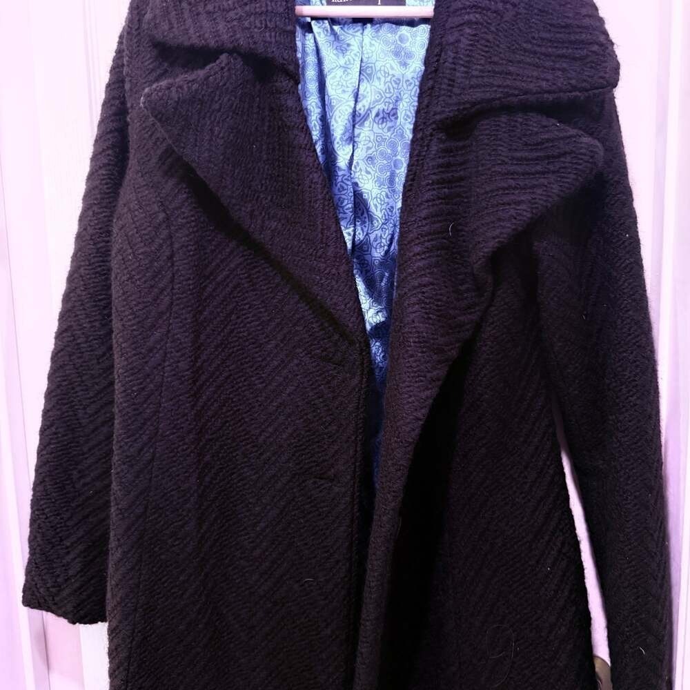 Nanette Lepore Herringbone Textured Belted Long Coat Black Large